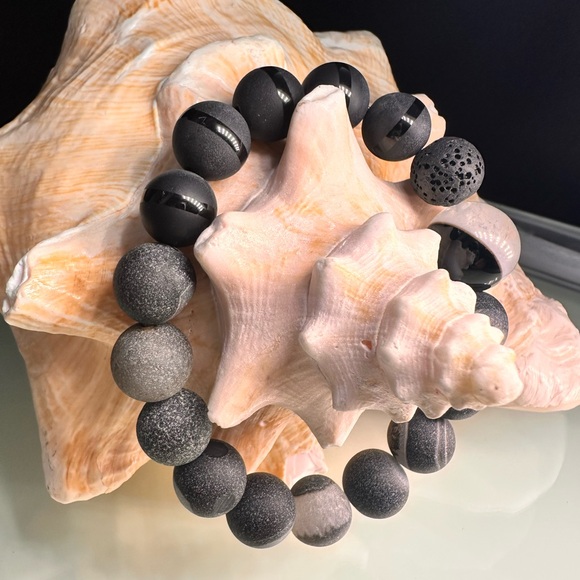 DRUZI AGATE + TUXEDO + ONYX + STONES BRACELET Size 7” - Picture 3 of 13